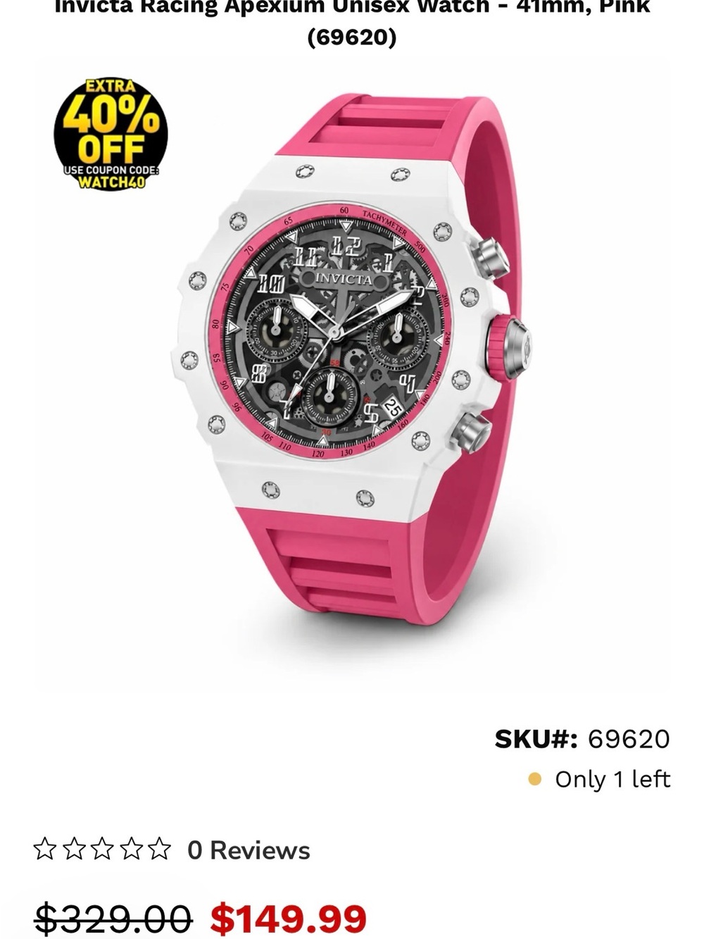 Invicta Pink & White Racing Apexium Chronograph Watch 41mm